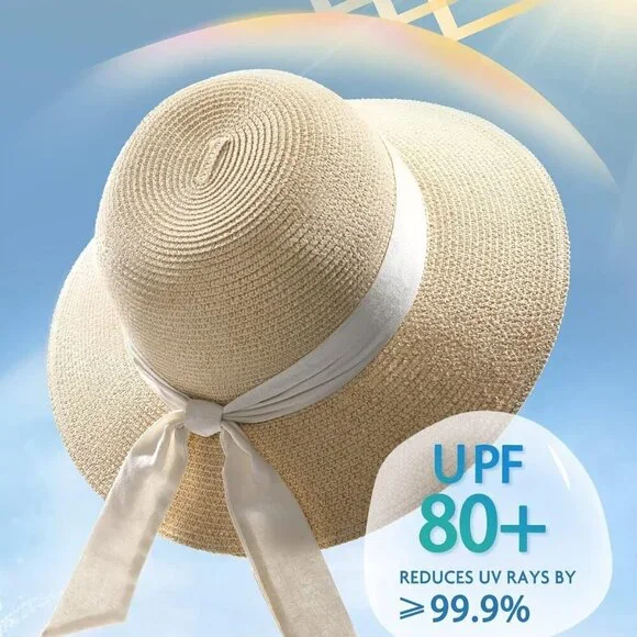 Womens Beach Sun Straw Hat UV UPF 80+ Travel Foldable Brim Summer UV Hat